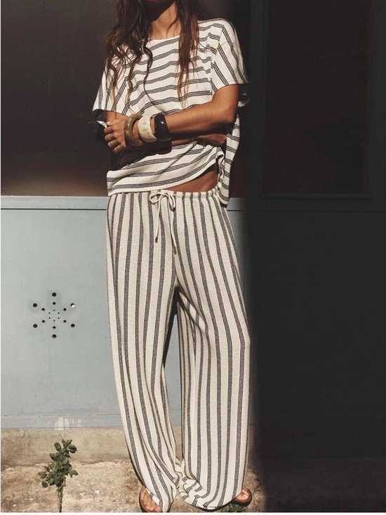 Zara Pants - Zara Cream & Black Striped Drawstring Wide-Leg Lounge Beach Boho Pants